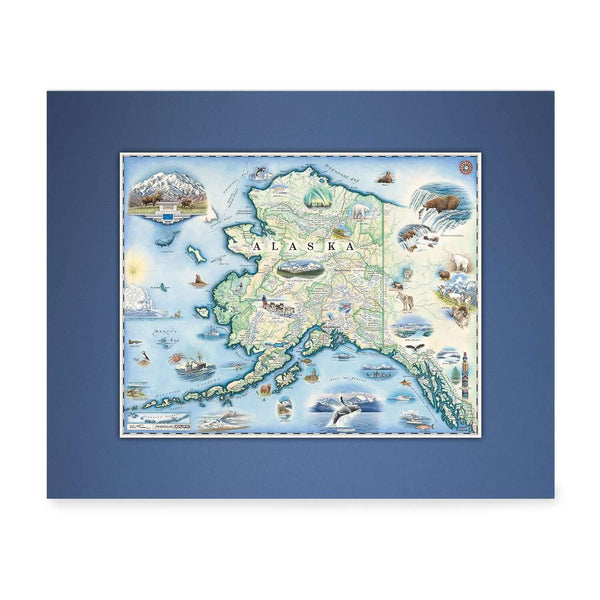 Pre-Matted Alaska State Mini-Map in earth tone colors of blues and greens. The map includes Denali National Park and cities such as Anchorage, Fairbanks, and Juneau. Illustrations of wildlife matching the region: Polar bears, arctic foxes, moose, caribou, Gray wolves, Dall Sheep, wolverines, Canadian Lynx, King Salmon, Halibut, King Crab, horned puffins, harbor seals, Arctic Tern, ptarmigan, walruses, Kodiak bears, musk ox, Bald Eagles, Mountain Goats and more. 
