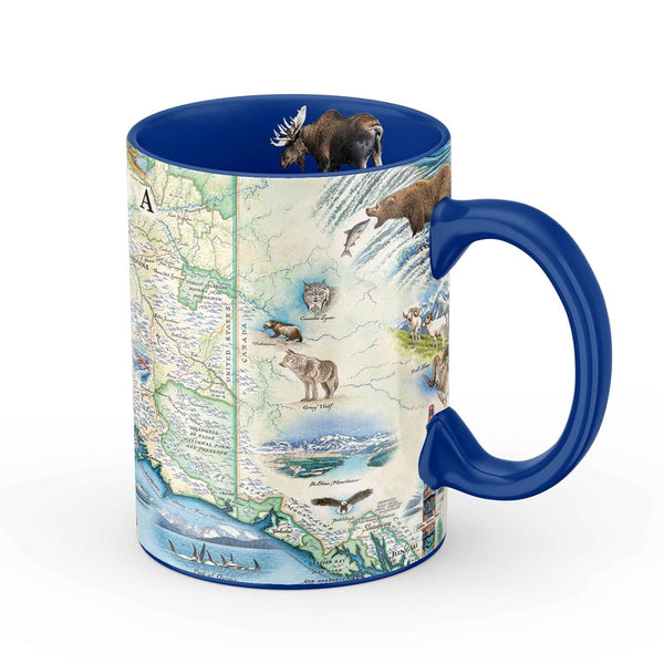 Blue, 16 oz Alaska state map ceramic mug. The Map features Anchorage, Juneau, Fair Banks, Denali National Park, Iditarod Trail Sled Dog Race, bears, elk, moose, whales, a mountain goat & a sheep.