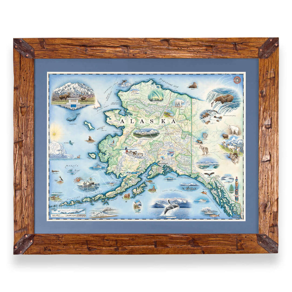 Alaska State hand-drawn map in a Montana hand-scraped pine wood frame with blue mat.