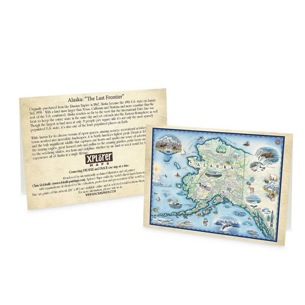 Alaska blank Greeting Cards in earth tone colors featuring bears, mountains, ocean, whales and dog sled. 