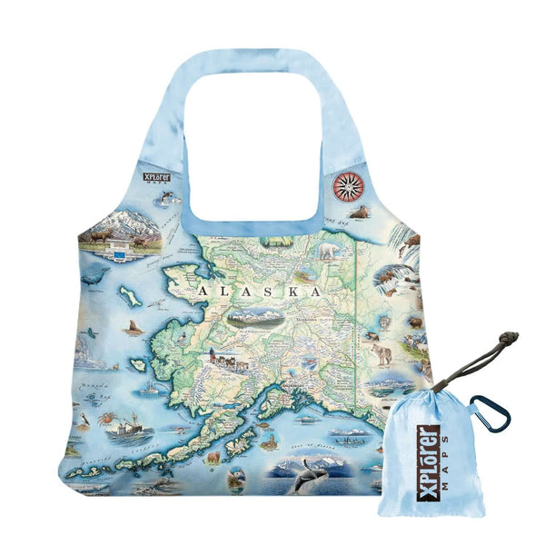 Alaska State map stuffable pouch tote bag  in earth tone colors - featuring Denali National Park, bears, whale, mountain goat & sheep. 