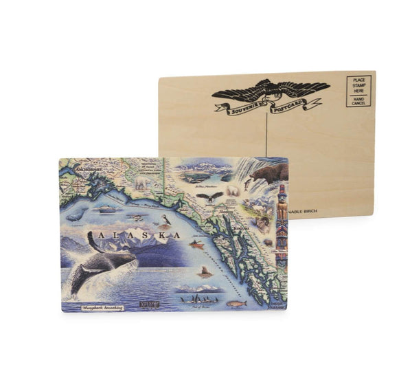 Alaska State map wooden mailable post card  in earth tone colors - featuring Denali National Park, bears, whale, mountain goat & sheep. 