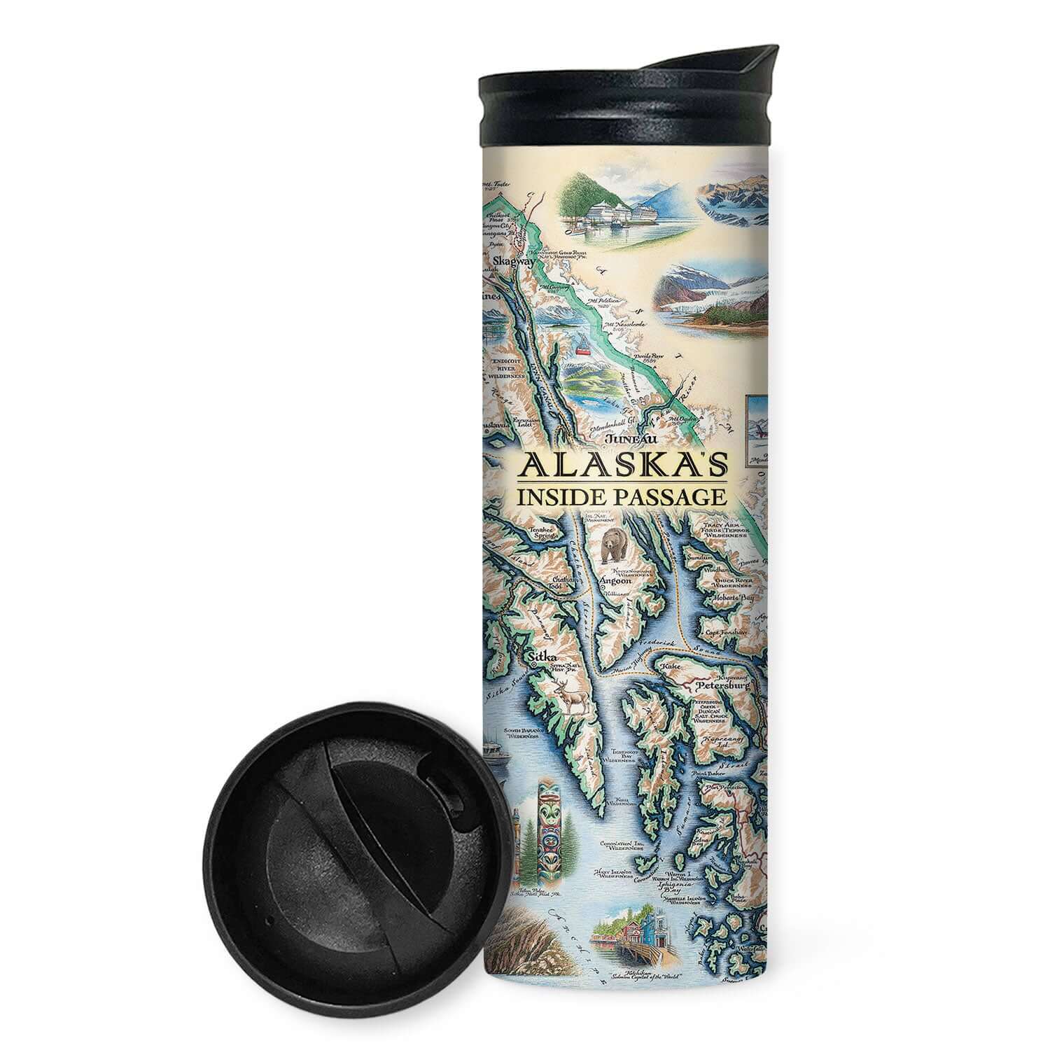 Alaska’s Inside Passage 16 oz travel bottle in blue and green colors. Features bears, whales, the Pacific Ocean, mountains, boats, wildlife-filled fjords, and tidewater glaciers, mountain goats & sheep. Including the towns of Sitka, Juneau, Ketchikan, and others.