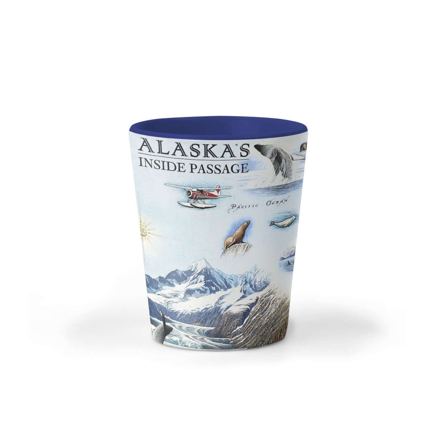 Alaska's Inside Passage Map ceramic shot glass in earth tone colors of blues and greens. The map features bears, whales, mountain goats & sheep. Including the towns of Sitka, Juneau, Ketchikan, and others.