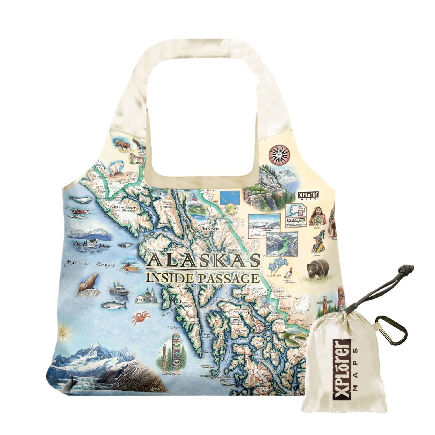Alaska's Inside Passage Stuffable Pouch Tote Bag in earth tone colors - featuring bears, whale, mountain goat & sheep.