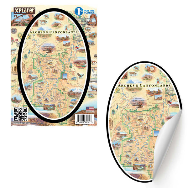 Arches & Canyonlands National Parks Map Sticker in earth-tone colors. The map features deer, mountain lion, porcupine, bobcats, and a fox. Landmarks are Tower Arch Delicate Arch, Double O Arch, Balanced Rock, Island in the Sky, and Fiery Furnace. 