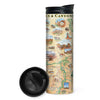 Utah's Arches & Canyonlands National Parks map travel Drinkware in earth tone colors of blues and greens. The map features deer, mountain lion, porcupine, bobcats, and a fox. Landmarks are Tower Arch Delicate Arch, Double O Arch, Balanced Rock, Island in the Sky, and Fiery Furnace. 