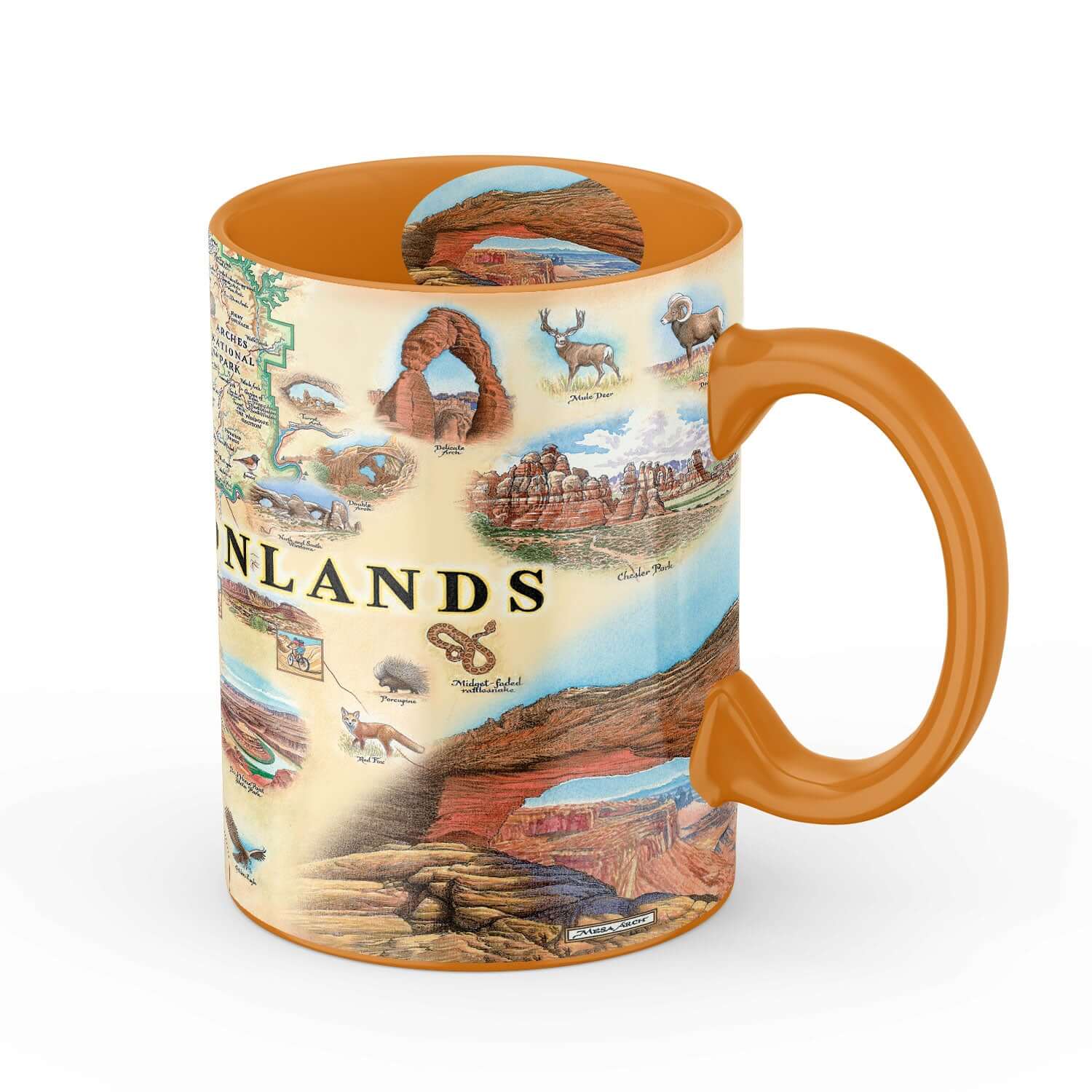 Arches & Canyonlands National Park ceramic mug  in earth tone colors. Featuring Deer, elk, mountain lion, flowers, eagle, canyons. 