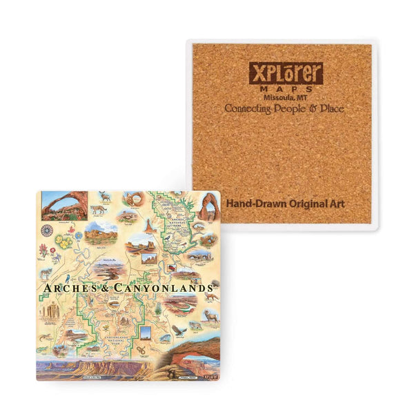 Arches & Canyonlands National Park ceramic coasters in earth tones of browns, reds, golds, and yellows. Featuring foxes, eagles, flowers, and elk. The map also features illustrations of Mesa Arch, Delicate Arch, Balanced Rock, and many more.