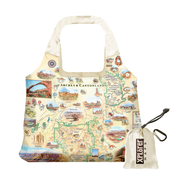 Arches & Canyonlands National Park stuffable pouch tote bag in earth tone colors. Featuring foxes, eagles, flowers, and elk. The map also features illustrations of Mesa Arch, Delicate Arch, Balanced Rock, and many more.