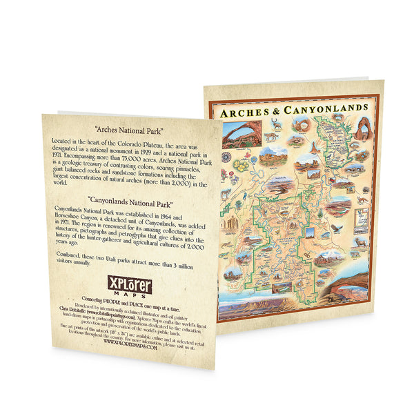 Arches & Canyonlands National Park map blank notecard in earth tone colors. Featuring Deer, elk, mountain lion, flowers, eagle, canyons. 