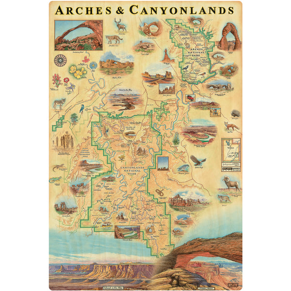 Arches & Canyonlands National Parks wooden map in earth tone colors. Featuring Deer, elk, mountain lion, flowers, eagle, canyons.