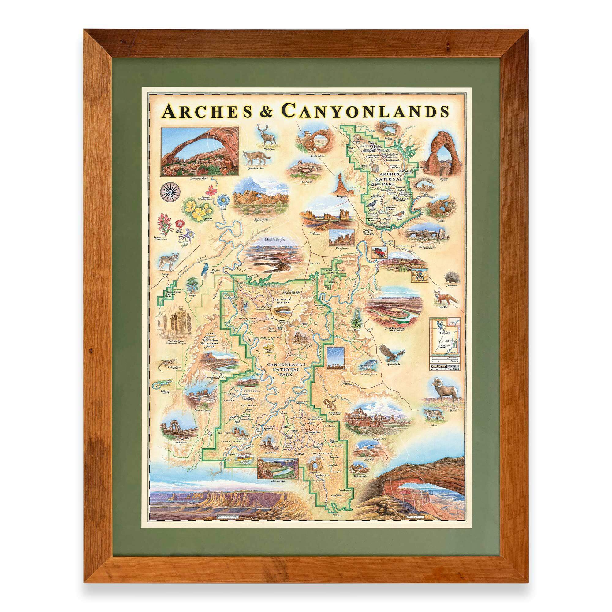 Arches & Canyonlands National Park hand-drawn map in a Montana Flathead Lake reclaimed larch wood frame and green mat. 