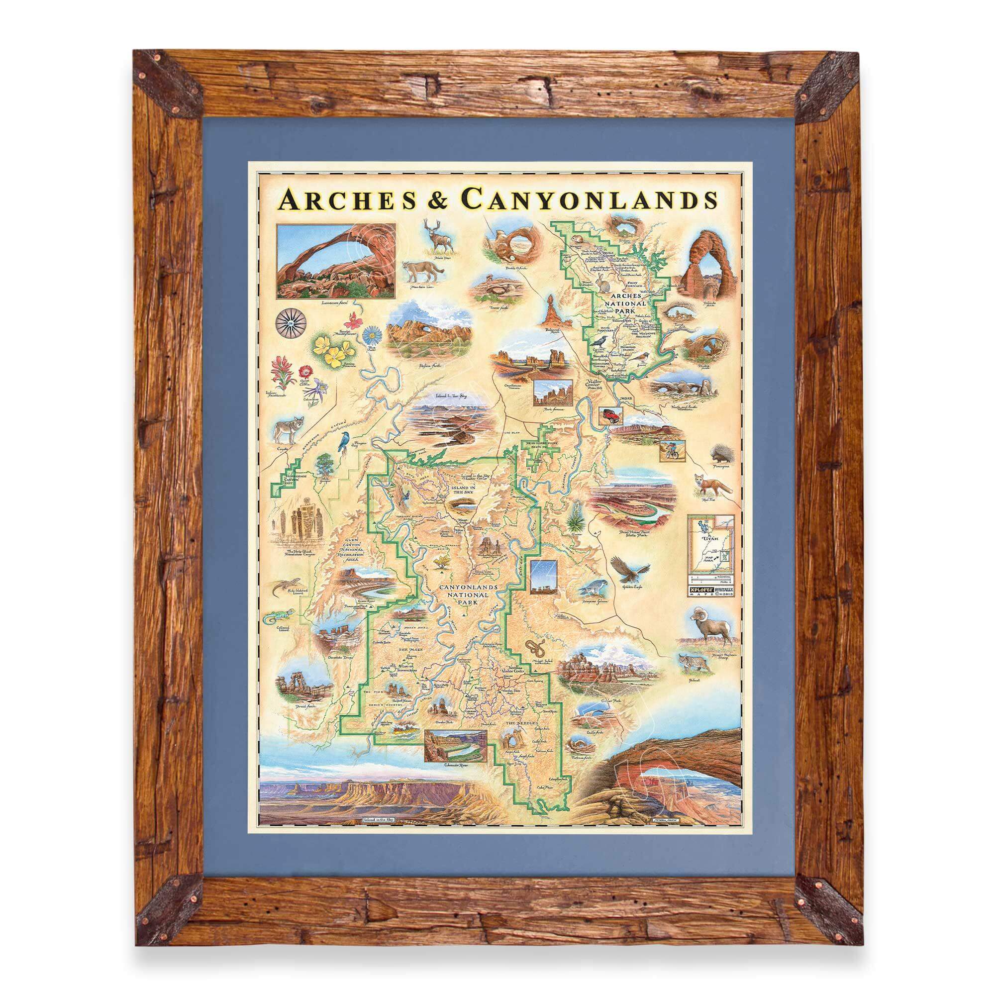 Arches & Canyonlands National Park hand-drawn map in a Montana hand-scraped pine wood frame with blue mat.