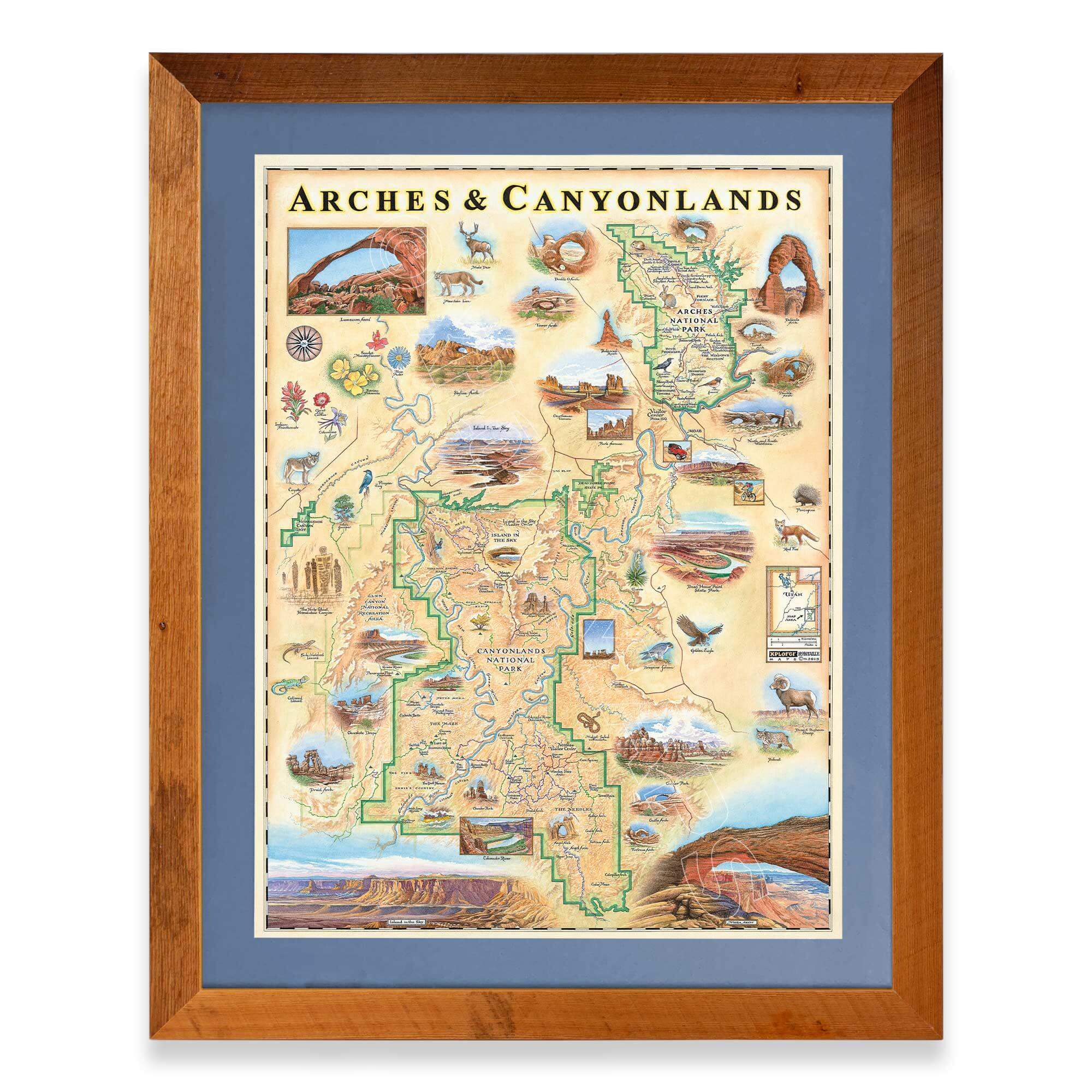 Arches & Canyonlands National Park hand-drawn map in a Montana Flathead Lake reclaimed larch wood frame and blue mat. 