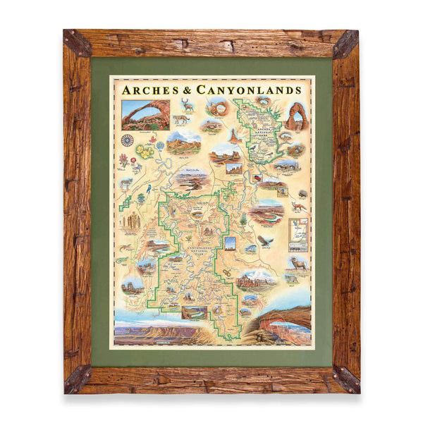 Arches & Canyonlands National Park hand-drawn map in a Montana hand-scraped pine wood frame with green mat.