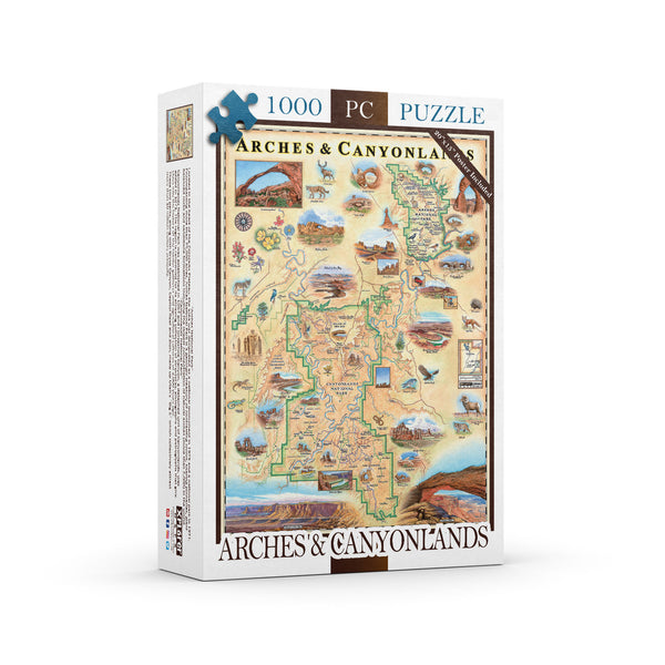 Arches & Canyonlands National Park map puzzle. Featuring buffalo bison, dinosaurs, flowers, fox, sheep, and eagles, as well as an illustration of Vulture Peak. 