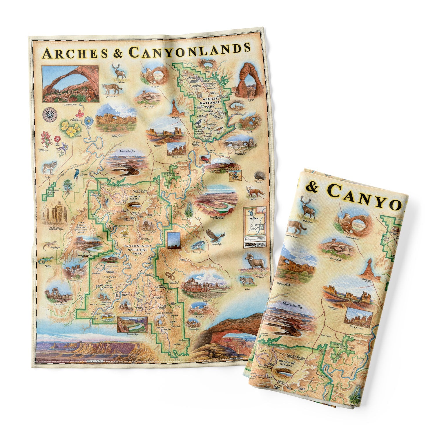 Arches & Canyonlands National Park kitchen dish towel in earth tone colors. It features foxes, eagles, flowers, and elk. The map also features illustrations of Mesa Arch, Delicate Arch, Balanced Rock, and many more.