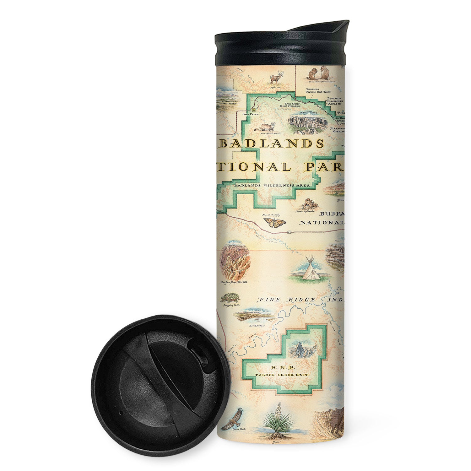 Badlands National Park Map Travel Drinkware in earth-tone colors of browns and reds by Xplorer Maps. Featuring Buffalo Gap Grasslands, Vulture Peak, and Yellow Mounds Overlook. Flora and fauna of Jasper Tree, Yucca plant, deer, dinosaurs, birds, and fox.