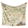 Hanging Badlands National Park Map fleece blanket in earth-tone colors. Featuring Vulture Peak, Red Shirt Table Overlook, Yellow Mounds, and Cedar Pass. A wide array of plants and animals such as bison, elk, bighorn sheep, owls, frogs, snapping turtles, pronghorn antelope, bobcats, mountain bluebirds, meadowlarks, coyotes, foxes, badgers, ferrets, prairie rattlesnakes, bald eagles, golden eagles, and turkey vultures. 