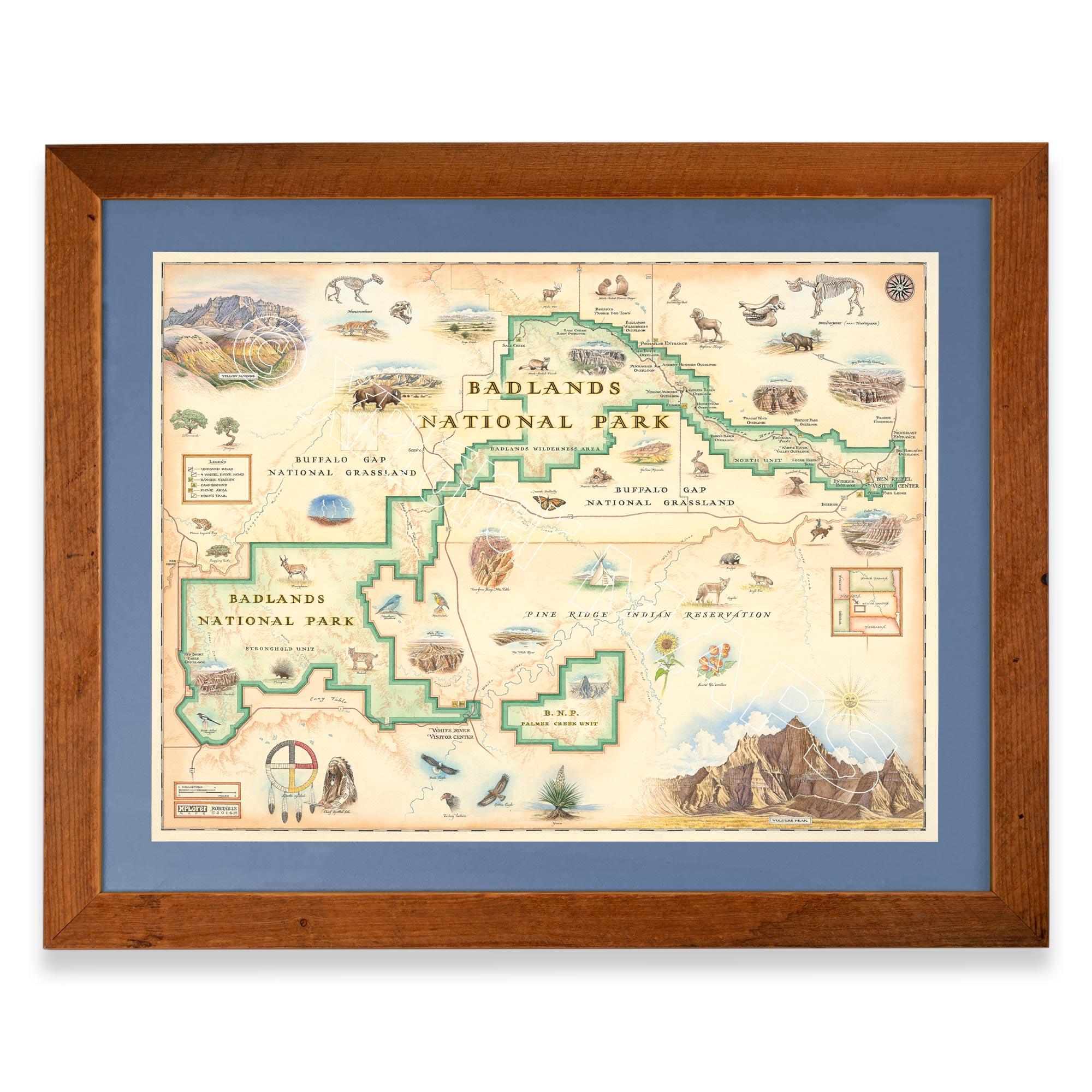 Badlands National Park hand-drawn map in a Montana Flathead Lake reclaimed larch wood frame and blue mat. 
