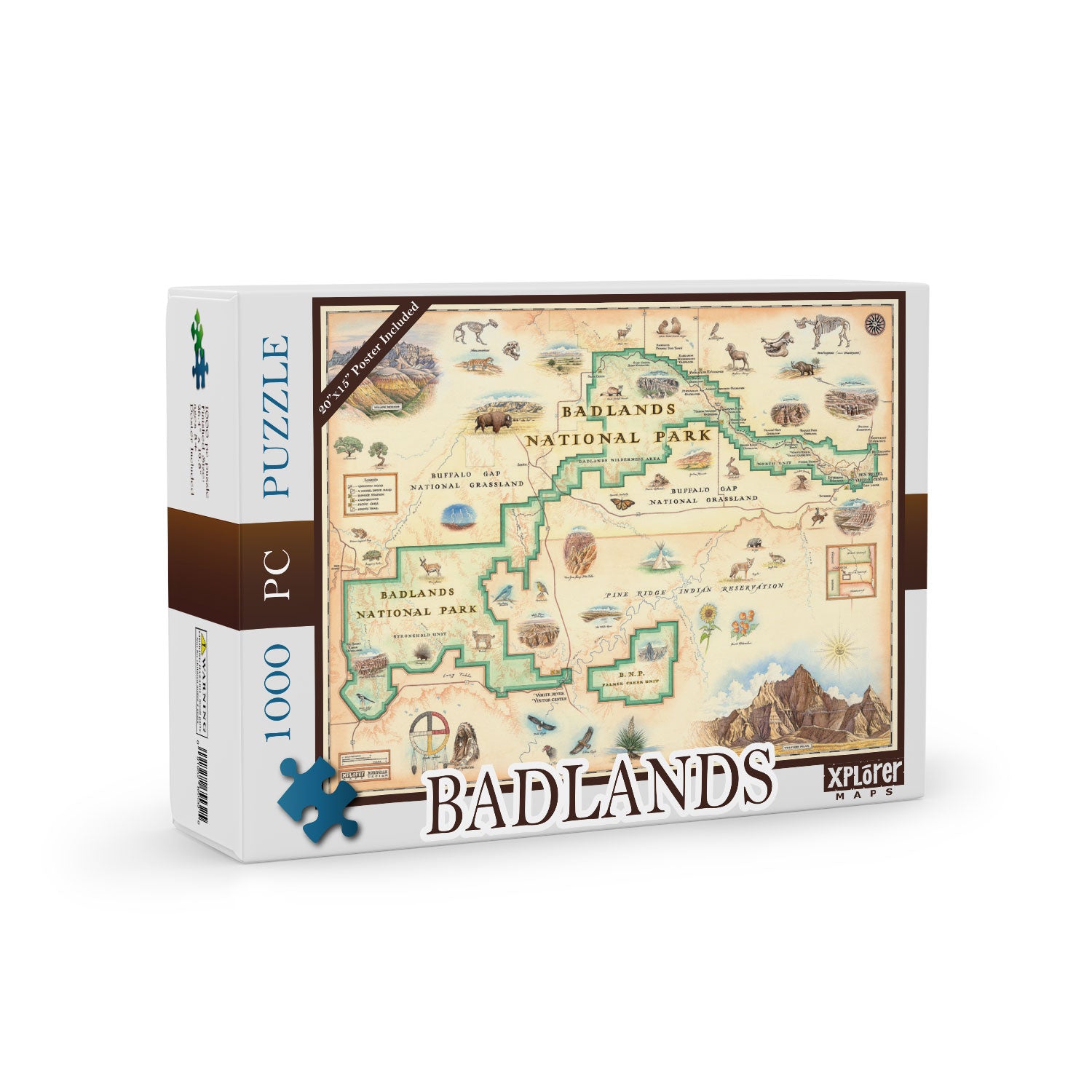 Badlands National Park map 1000-piece puzzle. Badlands National Park map 1000-piece puzzle. Featuring buffalo bison, dinosaurs, flowers, fox, sheep, and eagles, as well as an illustration of Vulture Peak. 