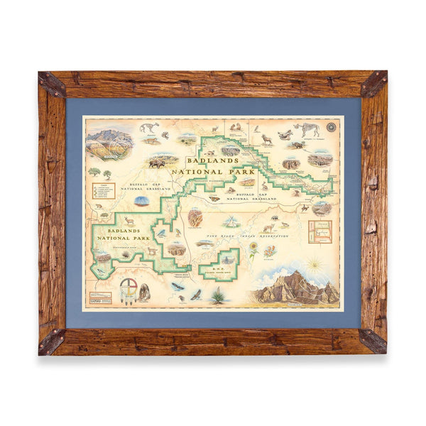 Badlands National Park hand-drawn map in a Montana hand-scraped pine wood frame with blue mat.