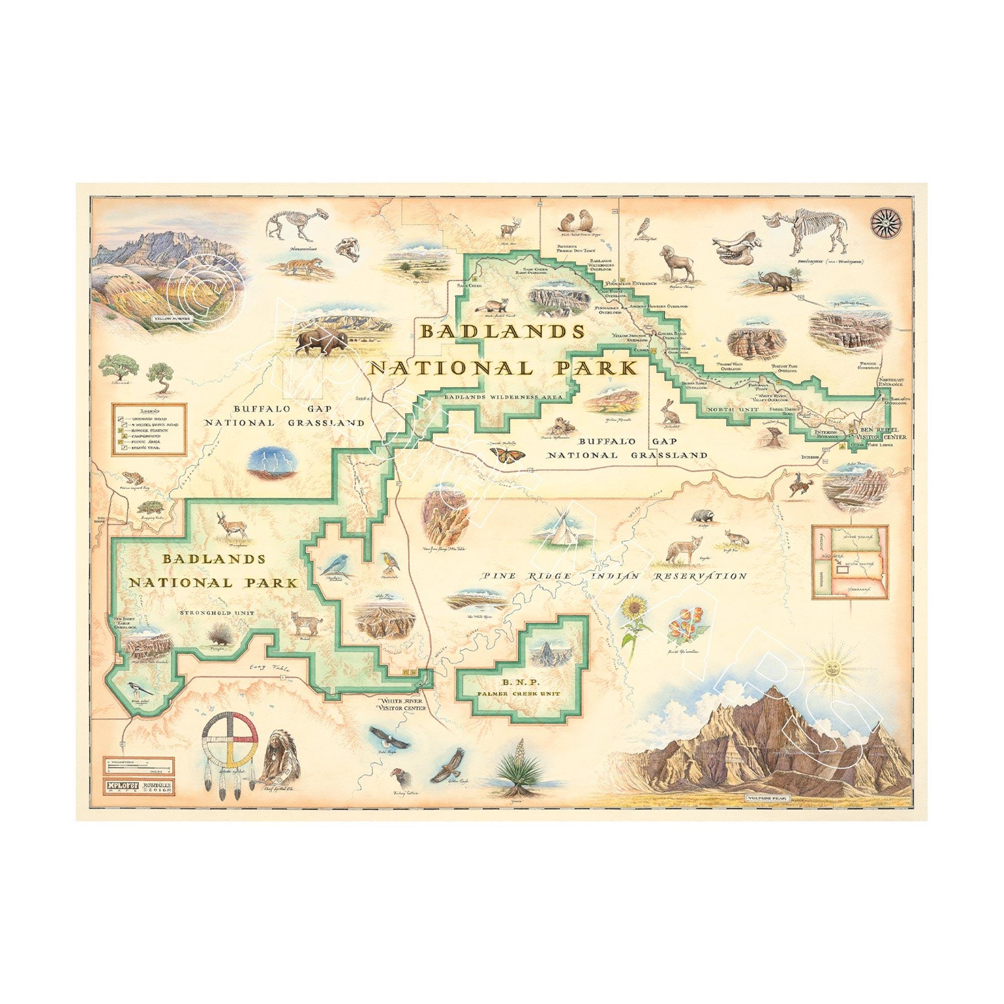 Badlands National Park hand-drawn map in earth-tone colors of browns and reds. It features Buffalo Gap Grasslands, Vulture Peak, and Yellow Mounds Overlook. Flora and fauna of Jasper Tree, Yucca plant, deer, dinosaurs, birds, and fox. Measures 24x18.