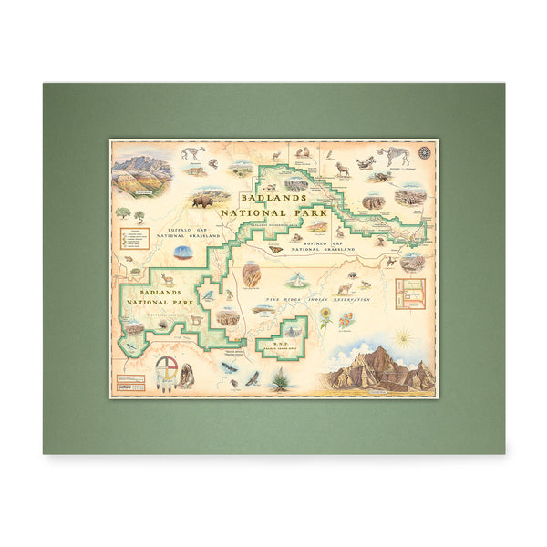 Badlands National Park Mini-Map in earth-tone colors of browns and reds. It features Buffalo Gap Grasslands, Vulture Peak, and Yellow Mounds Overlook. Flora and fauna of Jasper Tree, Yucca plant, deer, dinosaurs, birds, and fox.