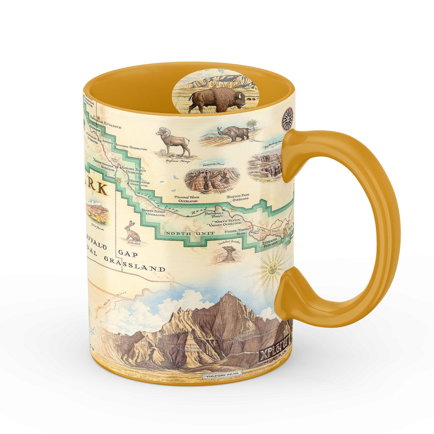 Badlands National Park Map ceramic mug in earth tone colors. Featuring Bison, deer, dinosaurs, Buffalo Gap Grasslands, fox. 