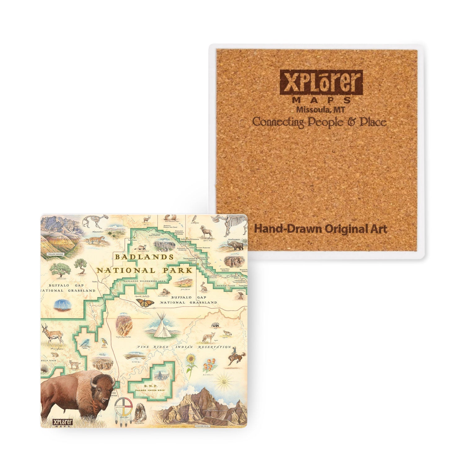Badlands National Park Map Ceramic Coasters earth-tone colors of browns and reds by Xplorer Maps. Featuring Buffalo Gap Grasslands, Vulture Peak, and Yellow Mounds Overlook. Flora and fauna of Jasper Tree, Yucca plant, deer, dinosaurs, birds, and fox.