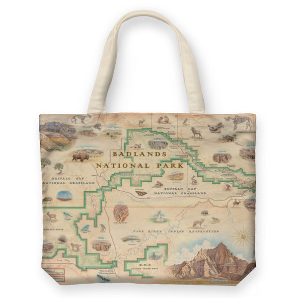 Badlands National Park Map in earth-tone colors. Featuring Buffalo Gap Grasslands, Vulture Peak, and Yellow Mounds Overlook. Flora and fauna of Jasper Tree, Yucca plant, deer, dinosaurs, birds, and fox.