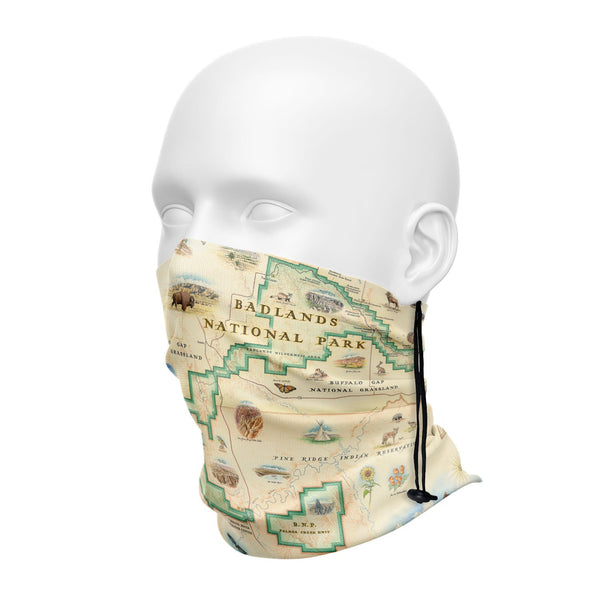 Badlands National Park Map Neck Gaitor in earth tone colors. Featuring Bison, deer, dinosaurs, Buffalo Gap Grasslands, fox. 