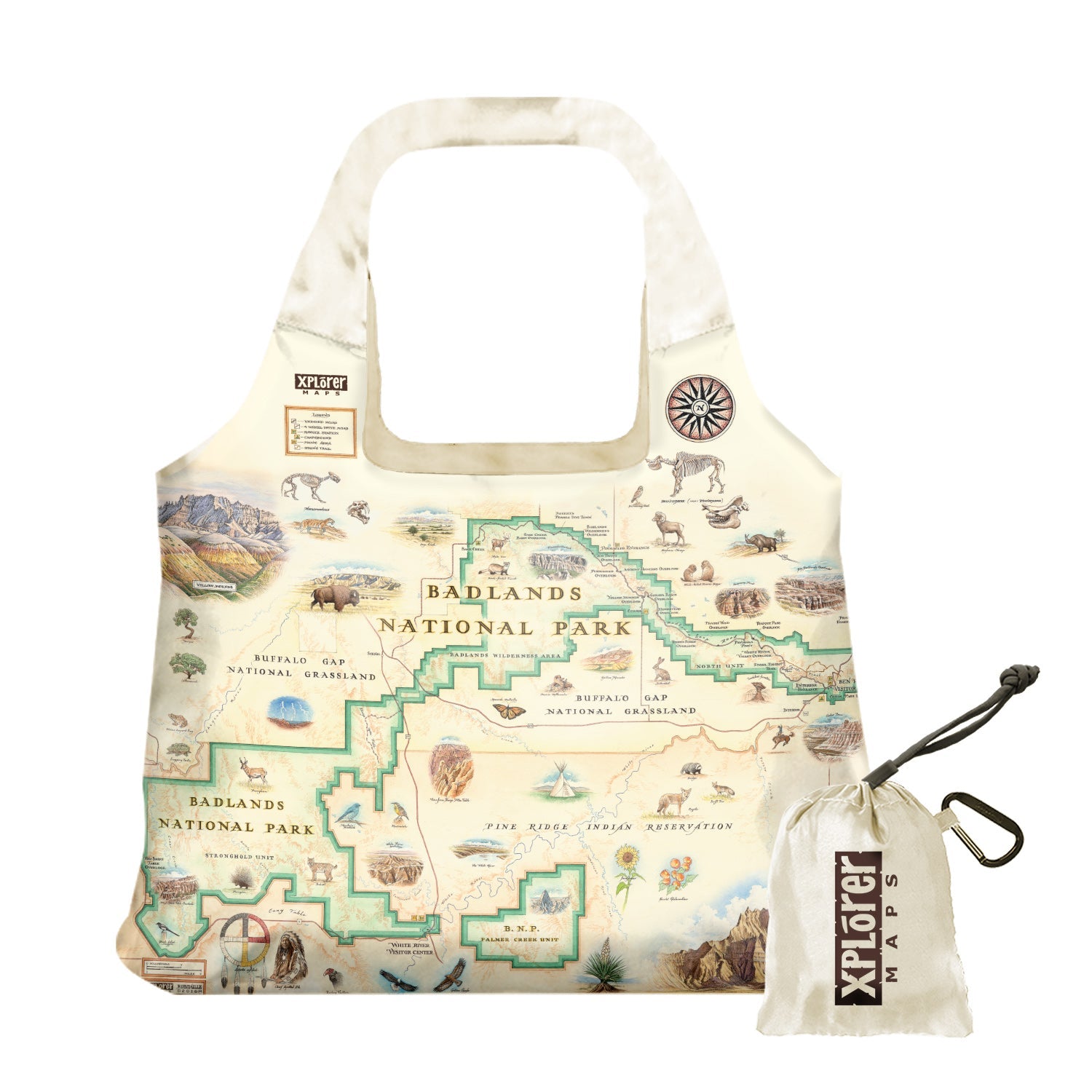 Badlands National Park map nylon stuffable pouch tote bag in earth tone colors.  Featuring Buffalo Gap Grasslands, Vulture Peak, and Yellow Mounds Overlook. Flora and fauna of Jasper Tree, Yucca plant, deer, dinosaurs, birds, and fox.