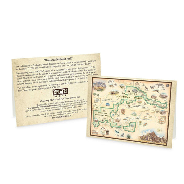 Badlands National Park map blank greeting card in a park of 12. In earth tone colors featuring buffalo bison, dinosaurs, flower, fox, sheep, eagle.