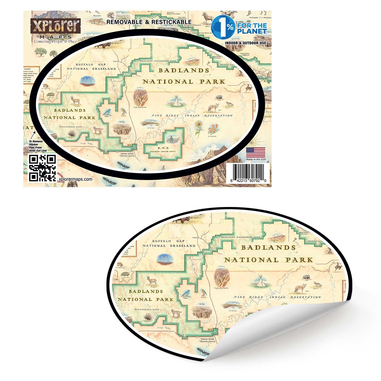 Badlands National Park map sticker in earth tone colors. Featuring buffalo bison, dinosaurs, flower, fox, sheep, eagle.