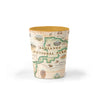 Badlands National Park Map Ceramic shot glass earth-tone colors of browns and reds by Xplorer Maps. Featuring Buffalo Gap Grasslands, Vulture Peak, and Yellow Mounds Overlook. Flora and fauna of Jasper Tree, Yucca plant, deer, dinosaurs, birds, and fox.