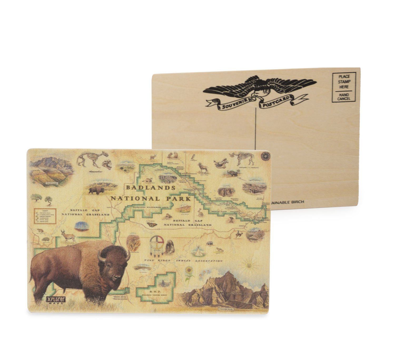 Badlands National Park map wooden mailable mustard in earth tone colors. Featuring buffalo bison, dinosaurs, flower, fox, sheep, eagle.