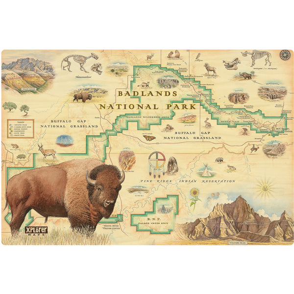 Badlands National Park map  wooden sign in earth tone colors. Featuring buffalo bison, dinosaurs, flower, fox, sheep, eagle.