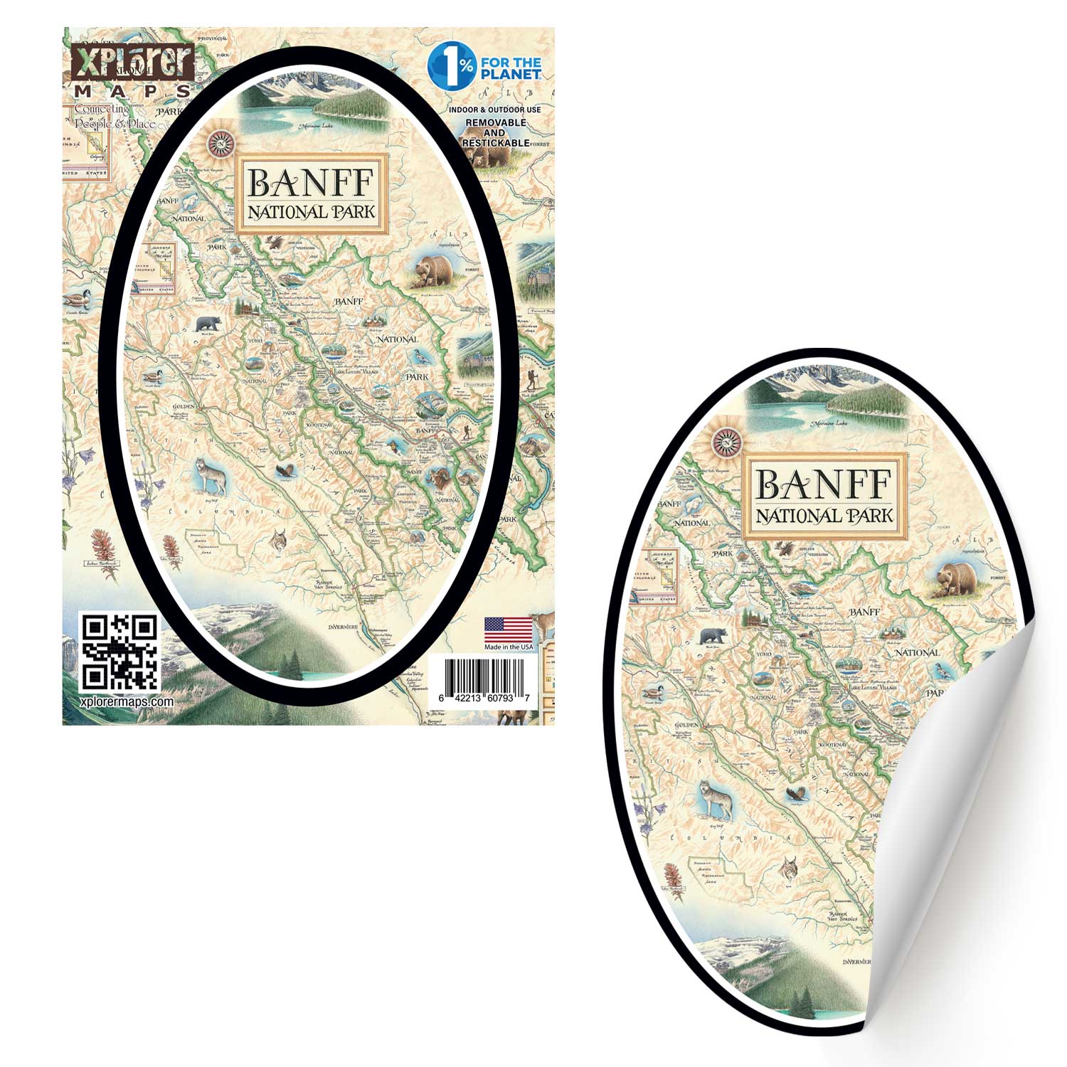 Banff National Park Map Sticker by Xplorer Maps. Featuring grizzly bears, elk, mountain lions, and wolves. The map also features Jasper National Park, Yoho National Park, and Kootenay National Park. The featured illustration of the map is Lake Louise.