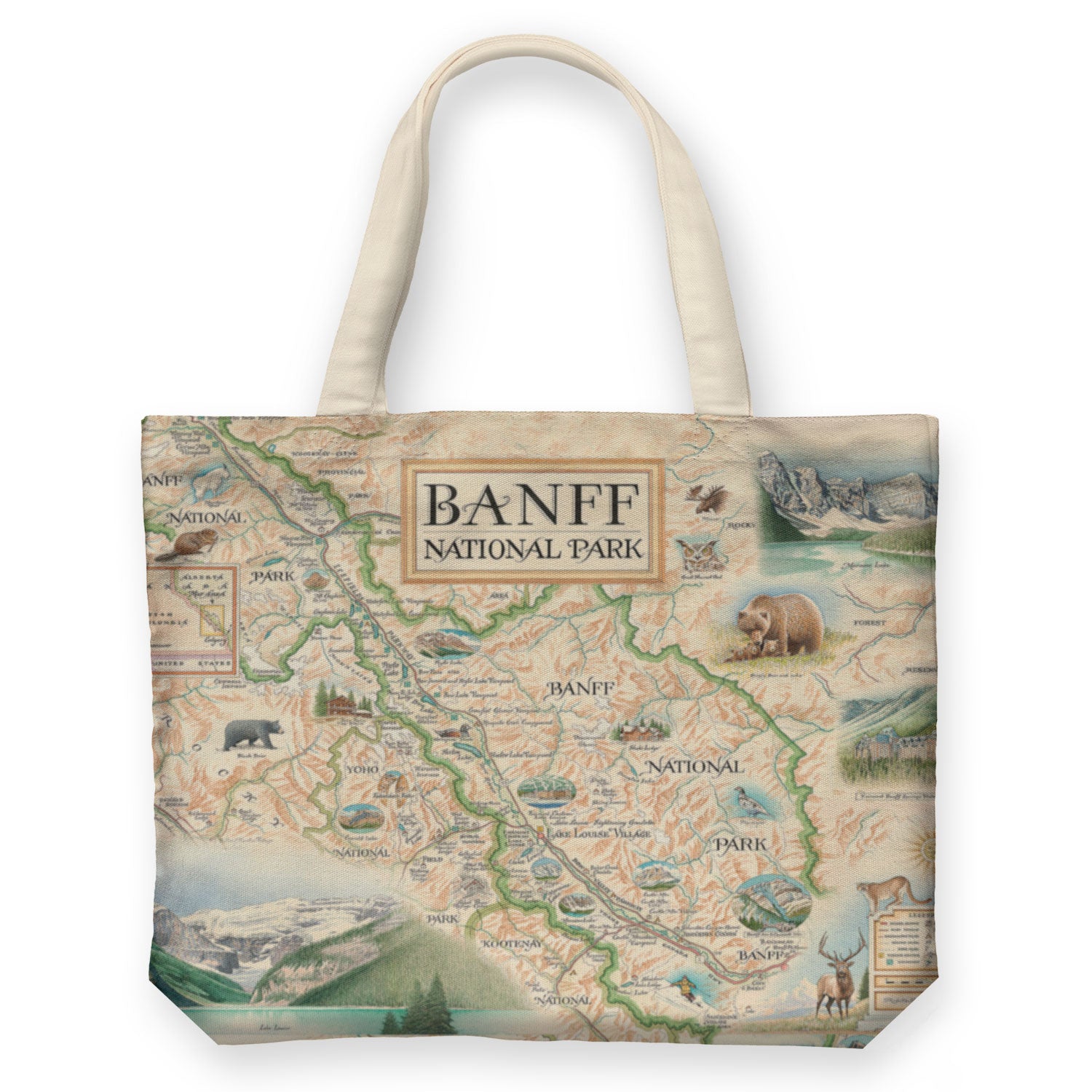 Canada's Banff National Park Hand-Drawn Map in earth-tone colors. Featuring British Columbia, Yoho, Lake Louise, Calgary, pine forests, glaciers, snow-capped mountains, and alpine lakes. Native plants and flowers like Indian Paintbrushes and wildlife like grizzly bears, moose, and elks.