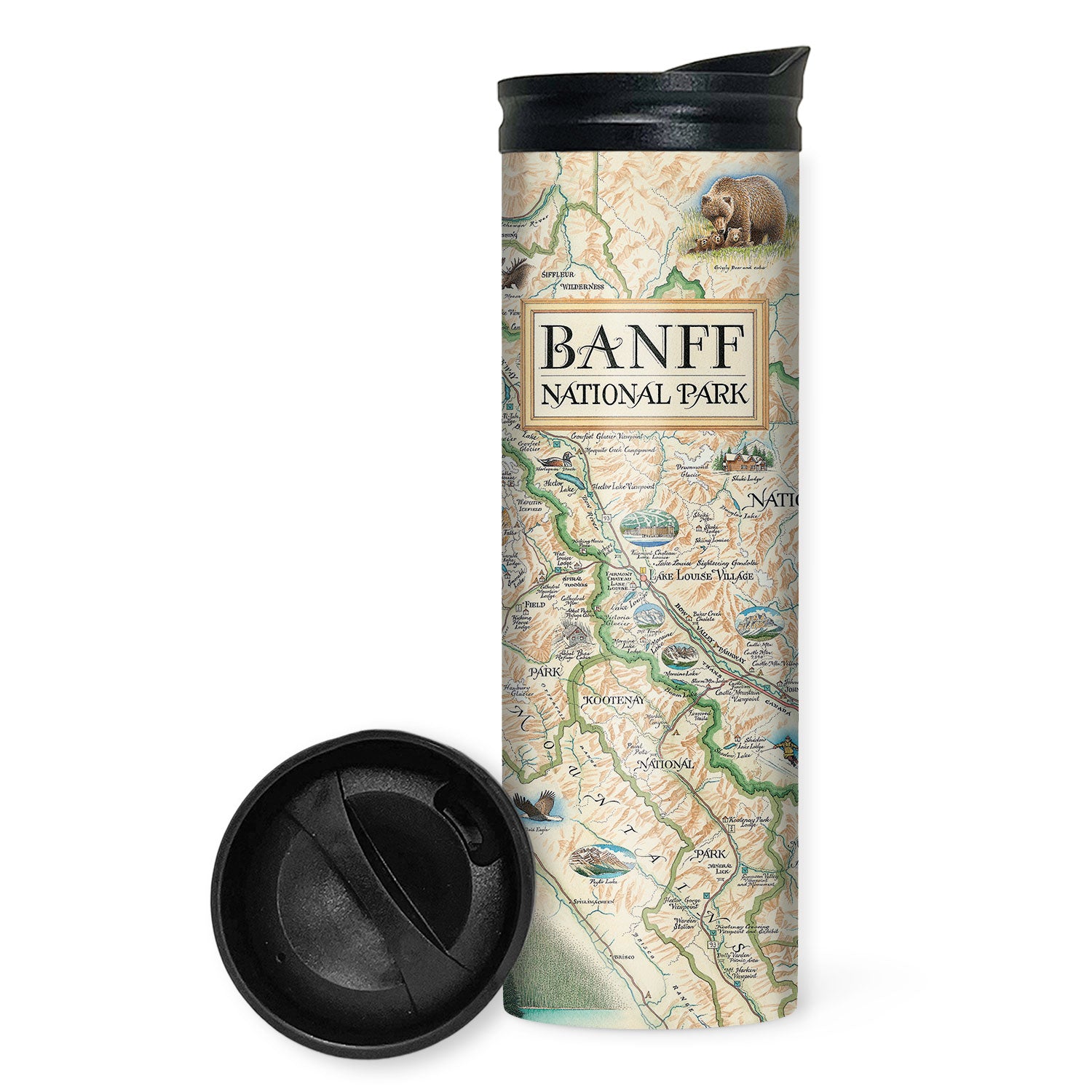 Banff National Park Map Travel Drinkware by Xplorer Maps. Featuring grizzly bears, elk, mountain lions, and wolves. The map also features Jasper National Park, Yoho National Park, and Kootenay National Park. The featured illustration of the map is Lake Louise.