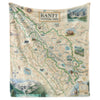 Hanging fleece blanket featuring a map of Banff National Park This map highlights Lake Louise, Moraine Lake, Lake Minnewanka, Peyto Lake, Emerald Lake,  Mount Rundle, Mount Assiniboine, Cascade Mountain, Castle Mountain, Mount Temple, and Fairmont Banff Springs Hotel. Wildlife includes elk, mountain lions, Bald Eagles,  gray wolves, Bighorn Sheep, black & Grizzly bears, moose, Great Horned owls, beavers, and more.