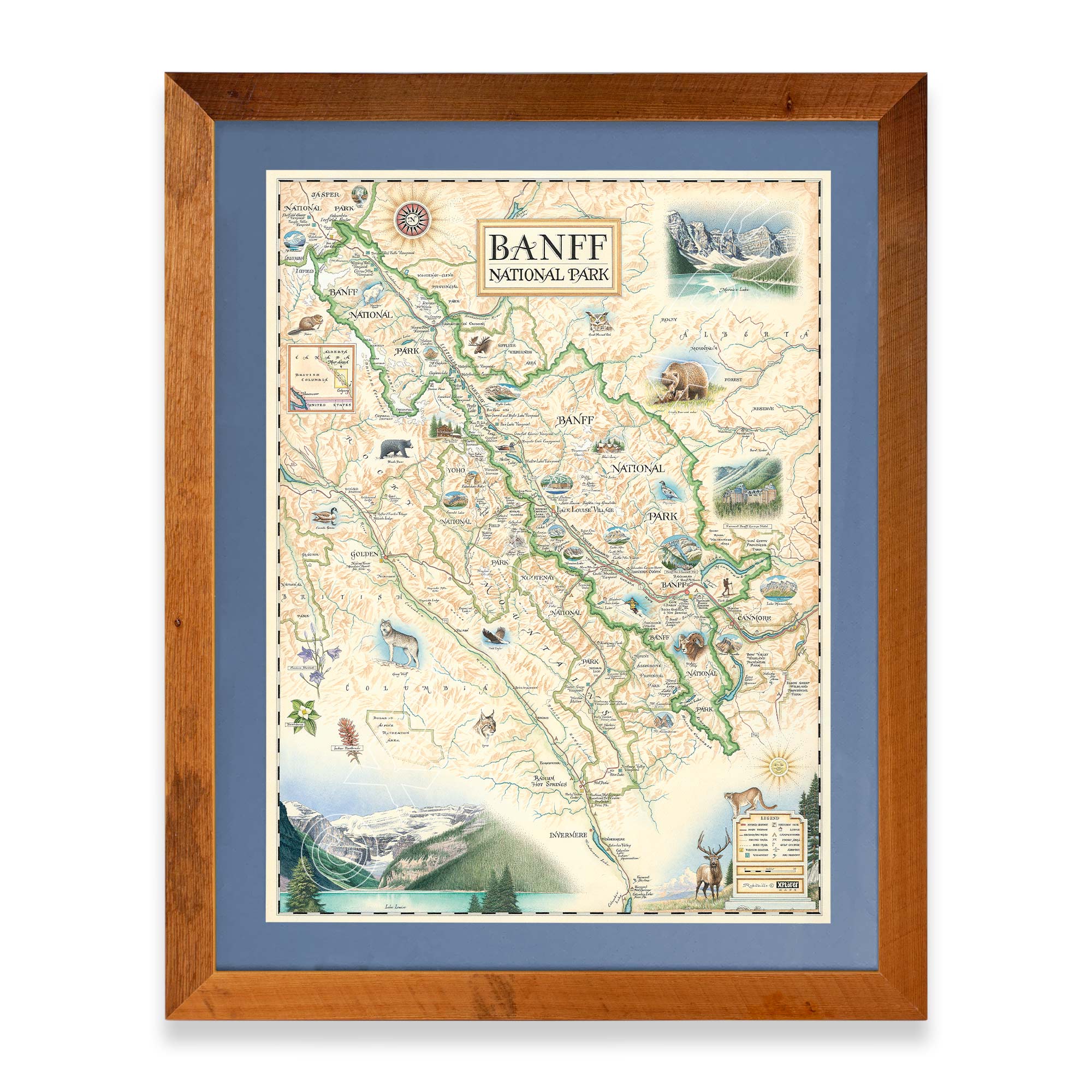 Banff National Park hand-drawn map in a Montana Flathead Lake reclaimed larch wood frame and blue mat. 