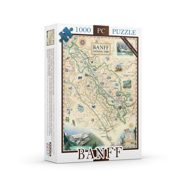 Banff National Park Map 1000-piece puzzle. Featuring grizzly bear, elk, mountain lion, and wolf. The map also features Jasper National Park, Yoho National Park, and Kootenay National Park. The featured illustration of the map is Lake Louise.