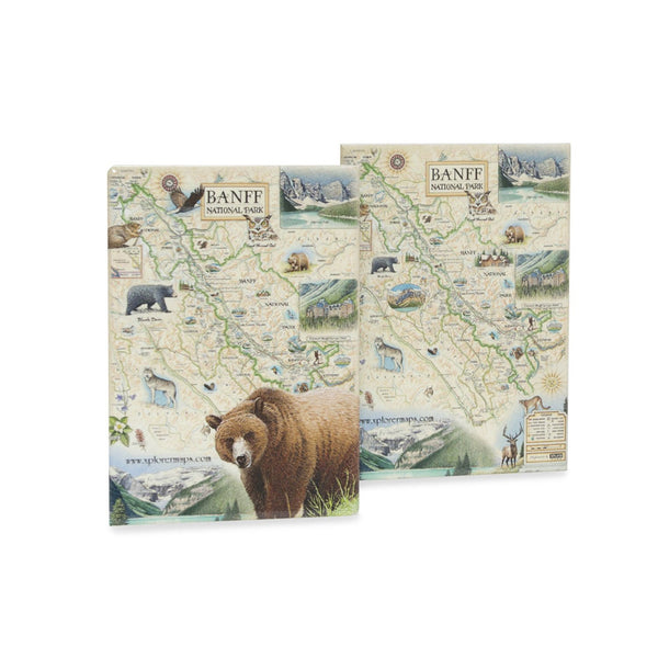 Banff National Park Map magnet in earth tone colors. Featuring grizzly bear, elk, mountain lion, and wolf.