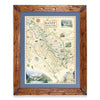 Banff National Park hand-drawn map in a Montana hand-scraped pine wood frame with blue mat.