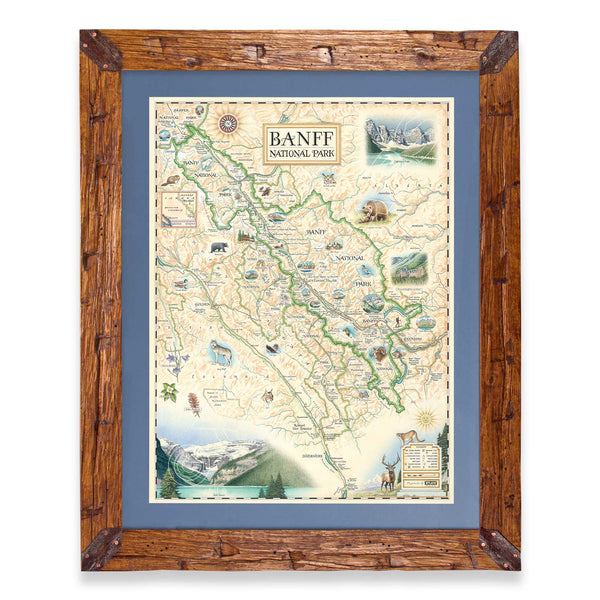 Banff National Park hand-drawn map in a Montana hand-scraped pine wood frame with blue mat.