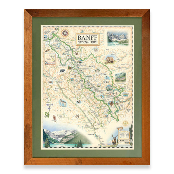 Banff National Park hand-drawn map in a Montana Flathead Lake reclaimed larch wood frame and green mat. 