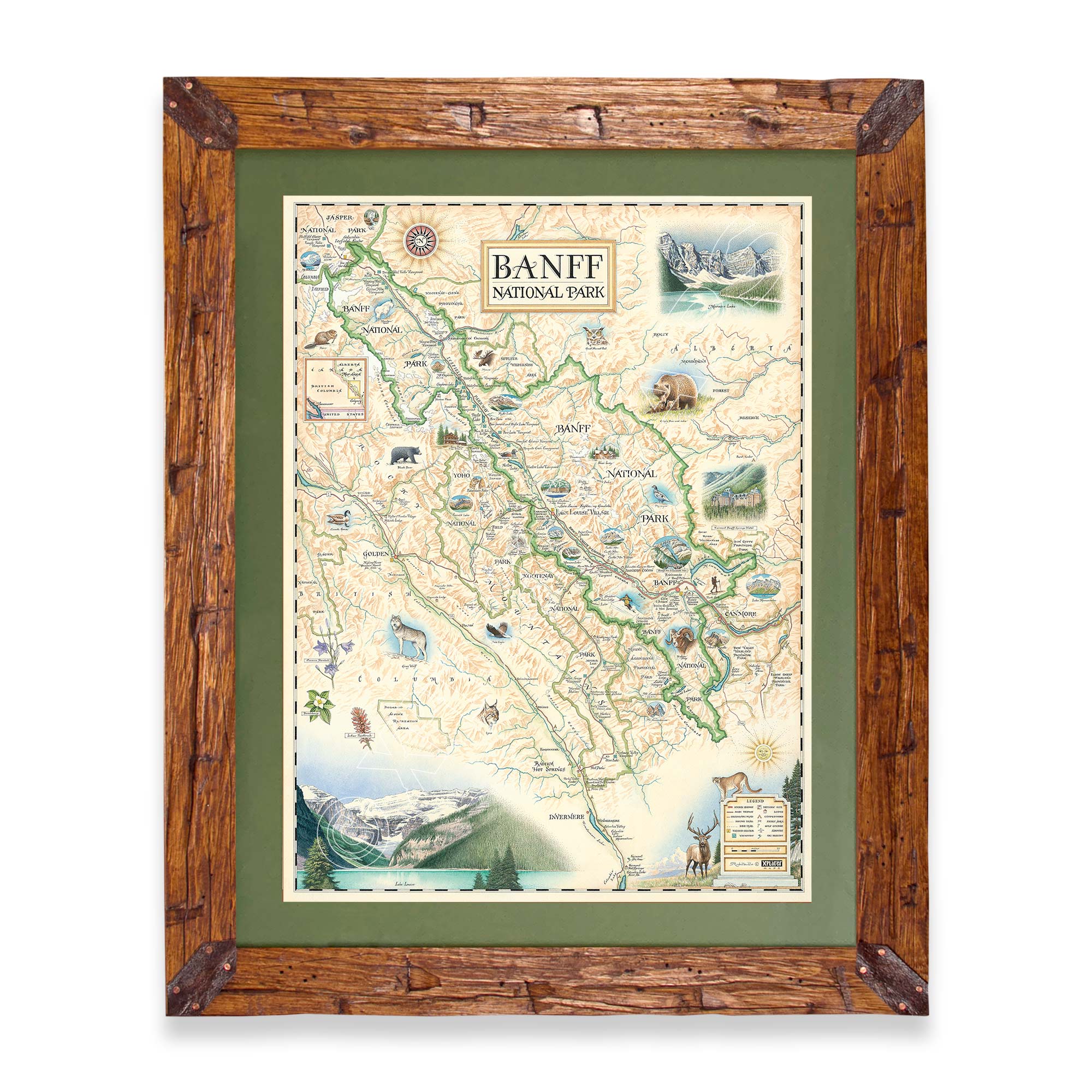 Banff National Park hand-drawn map in a Montana hand-scraped pine wood frame with green mat.